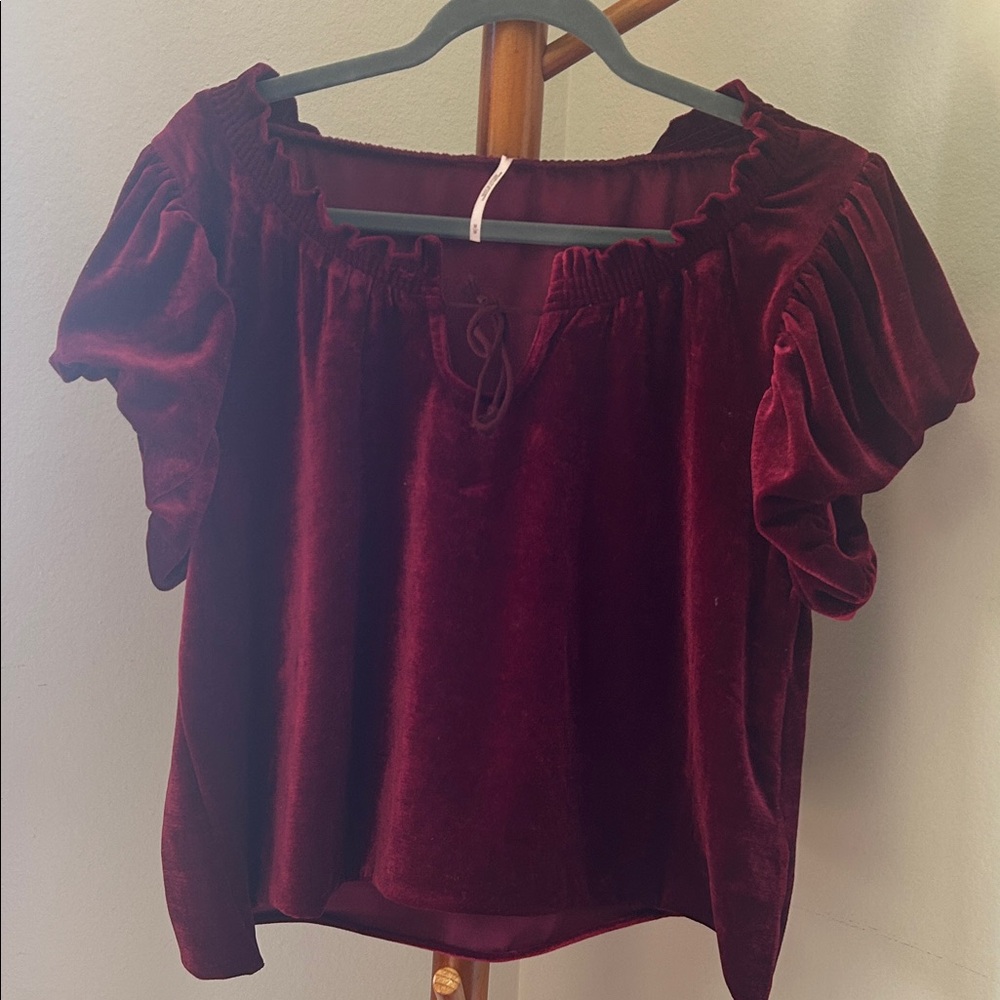 Free People Wine Velvet Puff Sleeve Peasant Top